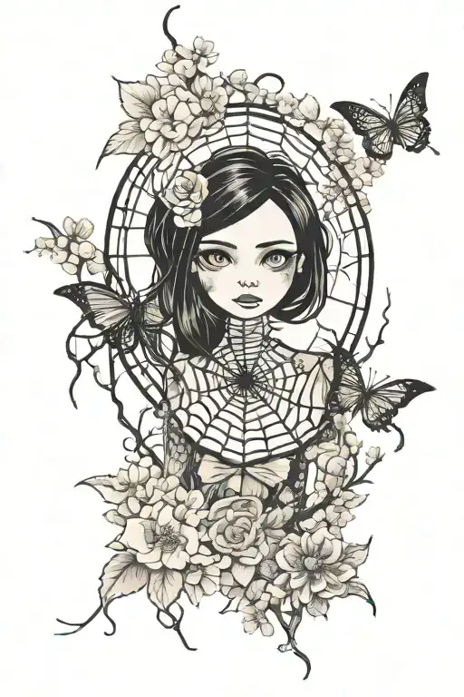 Spider web, Coraline Jones doll, Button with needle and thread, cherry blossom tree silhouette and Mulan tattoo design idea