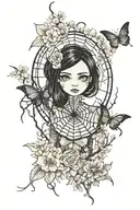 Spider web, Coraline Jones doll, Button with needle and thread, cherry blossom tree silhouette and Mulan tattoo design idea