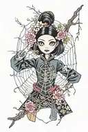 Spider web, Coraline Jones doll, Button with needle and thread, cherry blossom tree silhouette and Mulan tattoo design idea