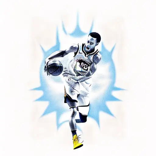 A silhouette of Steph Curry shooting a basketball with flames surrounding him tattoo design idea