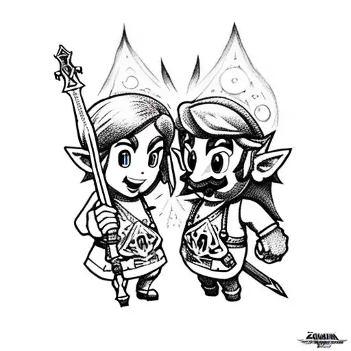 A dotwork tattoo of Zelda and Mario joining forces with the Master Sword and a fireball tattoo design idea