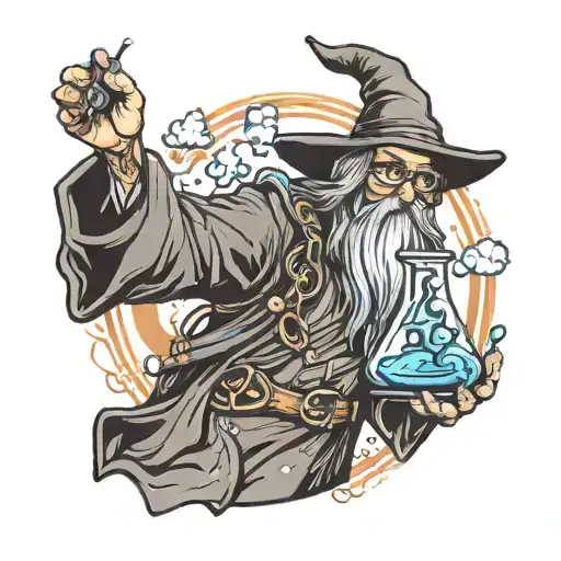 wizard holding a chemistry beaker tattoo design idea