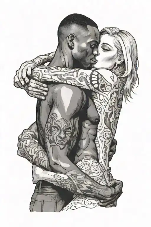 an African man holds a submissive European blonde woman in his arms tattoo design idea