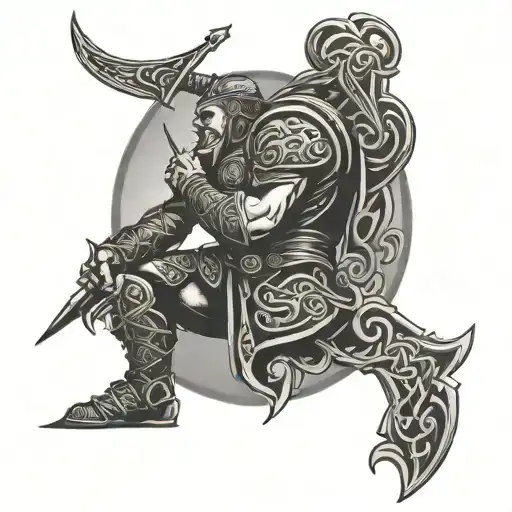 Celtic warrior and castle silhouette intertwined tattoo design idea