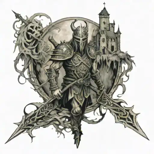 Celtic warrior and castle nestled tattoo design idea