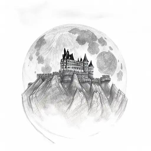 a castle with a full moon tattoo design idea