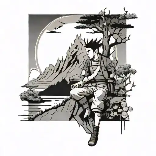 An anime-inspired tattoo featuring Shikamaru from Naruto in a black-grey style, incorporating elements of New Zealand scenery tattoo design idea