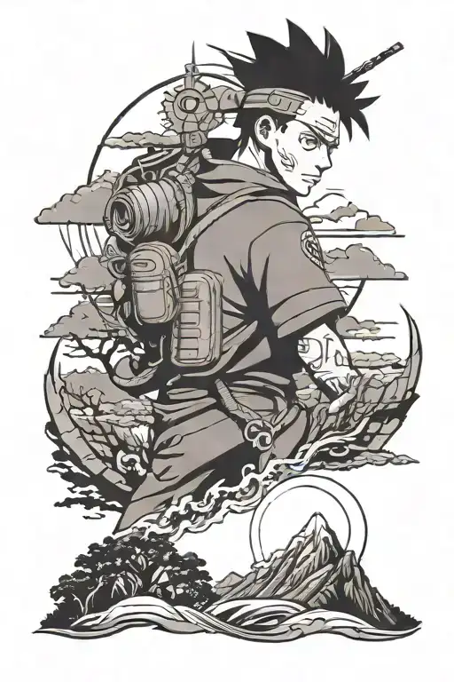 An anime-inspired tattoo featuring Shikamaru from Naruto in a black-grey style, incorporating elements of New Zealand scenery tattoo design idea