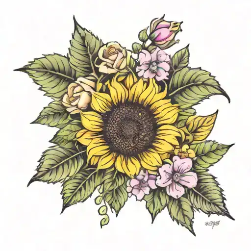 sunflower,rose,Cali lili, hibiscus, lilac flowers tattoo design idea
