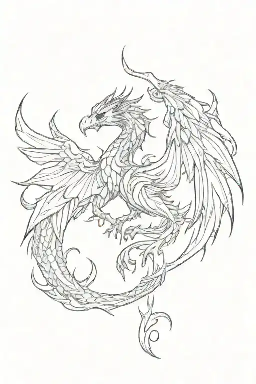 dragon and phoenix wings with fire flames tattoo design idea