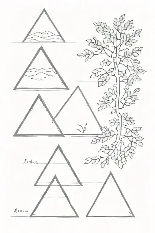 4 triangles in a row. 2 facing upside 2 facing down. Filled with nature  tattoo design idea
