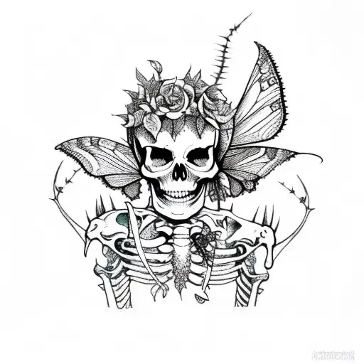 skeleton full body, arm tattoo, thorns and ivy background , fairy skeleton, mushrooms, moths, leaves tattoo design idea