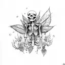 skeleton full body, arm tattoo, thorns and ivy background , fairy skeleton, mushrooms, moths, leaves tattoo design idea