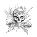 skeleton full body, arm tattoo, thorns and ivy background , fairy skeleton, mushrooms, moths, leaves tattoo design idea