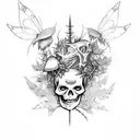 skeleton full body, arm tattoo, thorns and ivy background , fairy skeleton, mushrooms, moths, leaves tattoo design idea