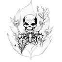 skeleton full body, arm tattoo, thorns and ivy background , fairy skeleton, mushrooms, moths, leaves tattoo design idea