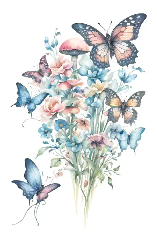 narrow spinal tattoo interwoven with flowers, toadstools and butterflies tattoo design idea