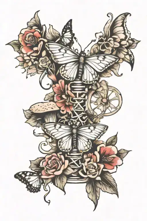 narrow spinal tattoo interwoven with flowers, toadstools and butterflies tattoo design idea