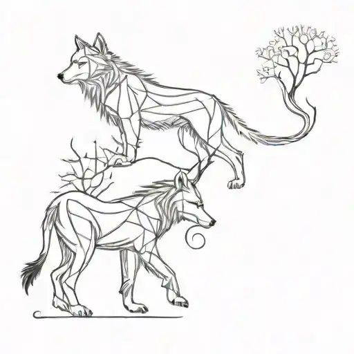 A minimalist design of a wolf and an elephant intertwined with tree branches, symbolizing the connection between animals and nature tattoo design idea