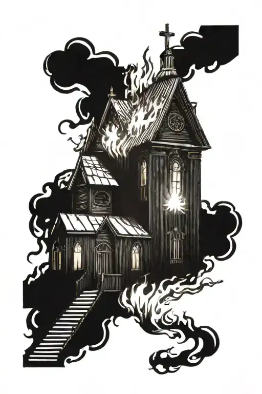 burning wooden church with flames coming out of the windows  tattoo design idea