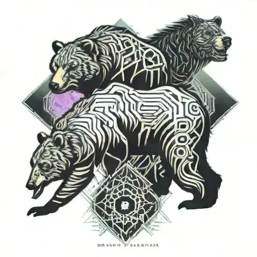 grizzly bear and cubs surrounded tattoo design idea