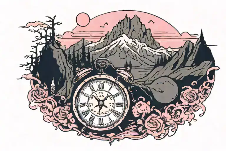 black and pink only. clock face big hand on 7 small hand on 21 full moon above mountain range, Melissa written on bottom tattoo design idea