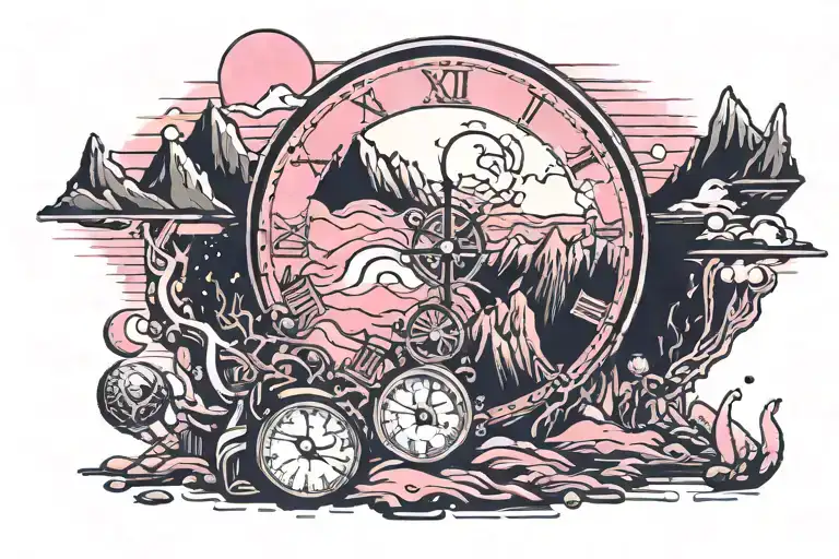 black and pink. full moon above mountain range. clock with hour hand on 7 and minute hand on 21 "melissa" written on bot tattoo design idea