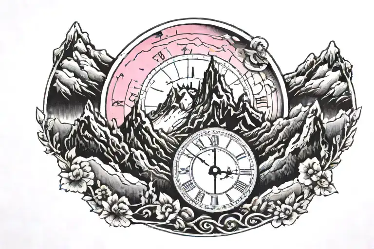 black and pink. full moon above mountain range. clock with hour hand on 7 and minute hand on 21 "melissa" written on bot tattoo design idea
