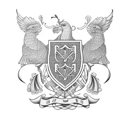 Ryan family crest with Irish harp and names of the daughters Ella, Shae and Heidi.  tattoo design idea