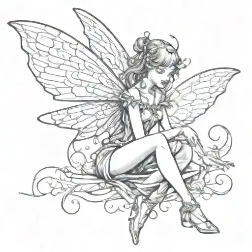 A whimsical fairy casting a spell with shimmering chrome wings tattoo design idea