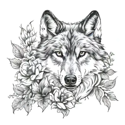 wolf with flowers tattoo design idea