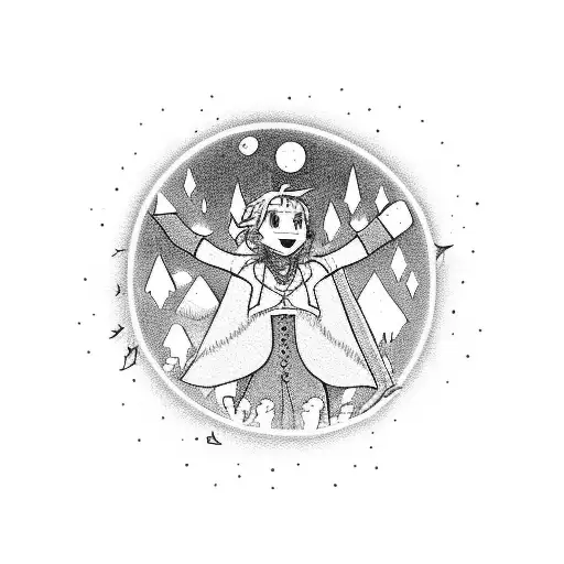 a circle of dancing star people from the movie Howls moving castle surrounded in nature tattoo design idea