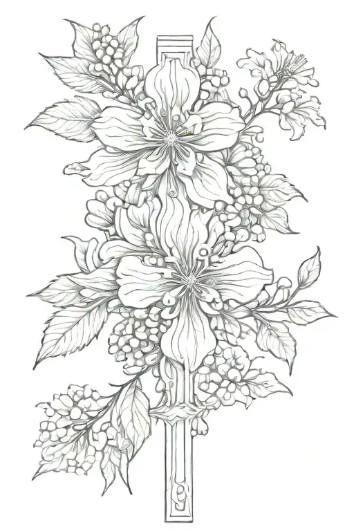 cross with January, august and October birth flower  tattoo design idea