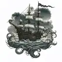 A galleon ship on a moonlit night with kraken tentacles coming from the dark depths below tattoo design idea