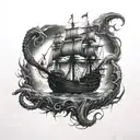 A galleon ship on a moonlit night with kraken tentacles coming from the dark depths below tattoo design idea