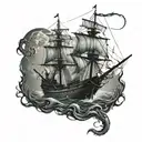 A galleon ship on a moonlit night with kraken tentacles coming from the dark depths below tattoo design idea