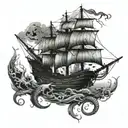 A galleon ship on a moonlit night with kraken tentacles coming from the dark depths below tattoo design idea
