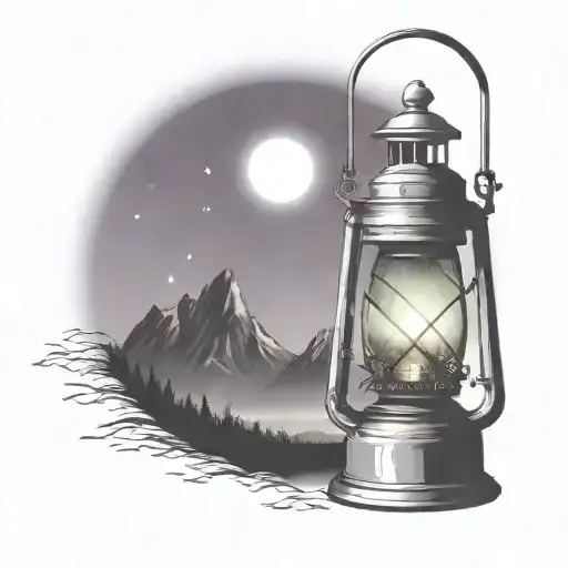 old lantern with landscape northern lights add Big Dipper     tattoo design idea