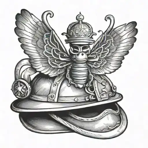 A black-grey tattoo of a fire chief's helmet with dragonfly wings tattoo design idea