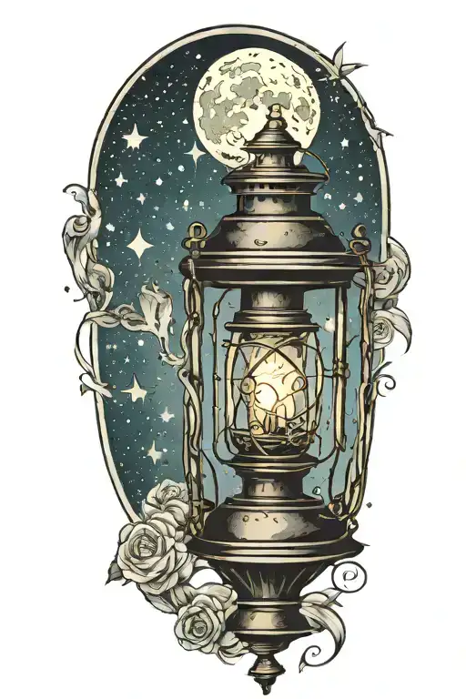 old lantern with night sky filled with stars tattoo design idea