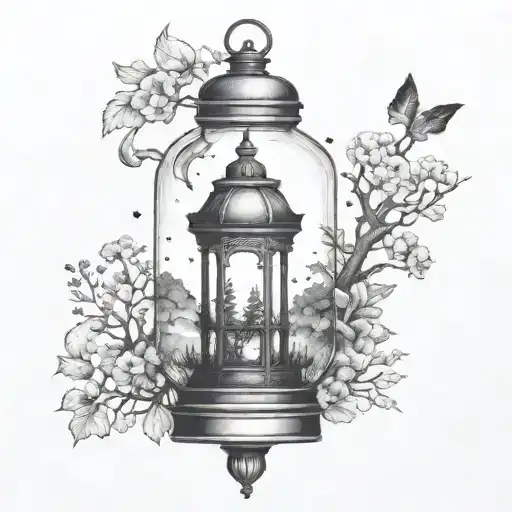 night sky landscape inside a lantern tattoo design idea