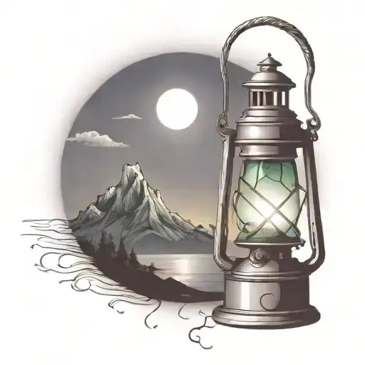 old lantern with landscape northern lights    tattoo design idea
