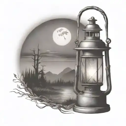 old lantern with landscape  stary night   tattoo design idea