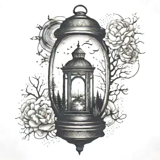 night sky landscape inside a lantern tattoo design idea