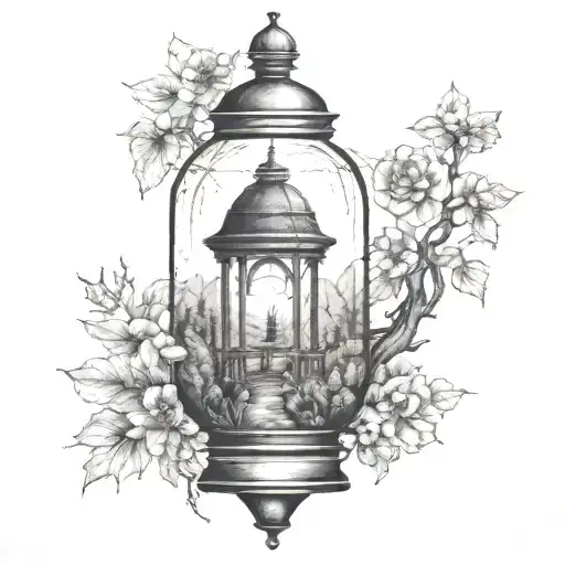 landscape inside a lantern tattoo design idea
