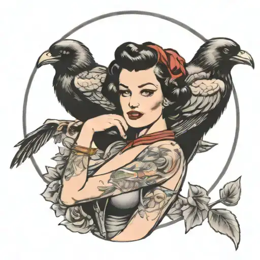 pinup girl holding a raven  tattoo design idea