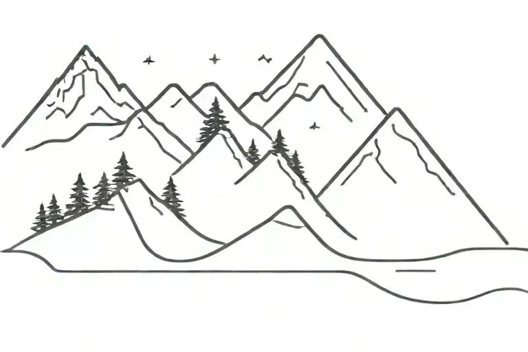 mountains and waves with pine trees on the mountain side and a palm tree on the other all in a straight line tattoo design idea