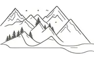 mountains and waves with pine trees on the mountain side and a palm tree on the other all in a straight line tattoo design idea