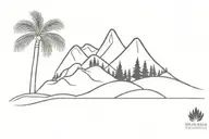 mountains and waves with pine trees on the mountain side and a palm tree on the other all in a straight line tattoo design idea