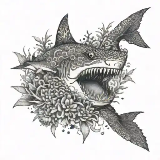 A dotwork design featuring a tribal shark surrounded by coral reefs and sea creatures tattoo design idea